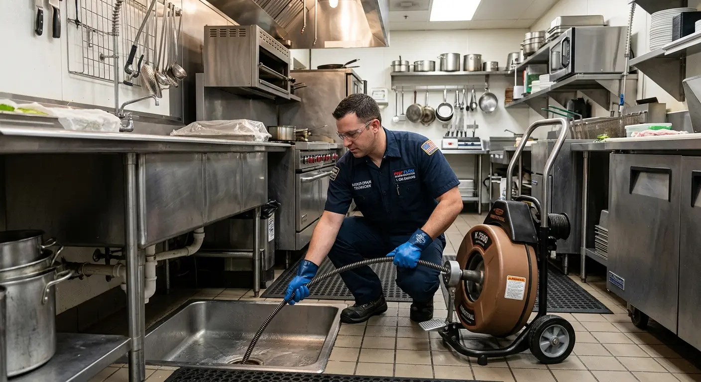Commercial drain cleaning service in a restaurant kitchen in Lyon