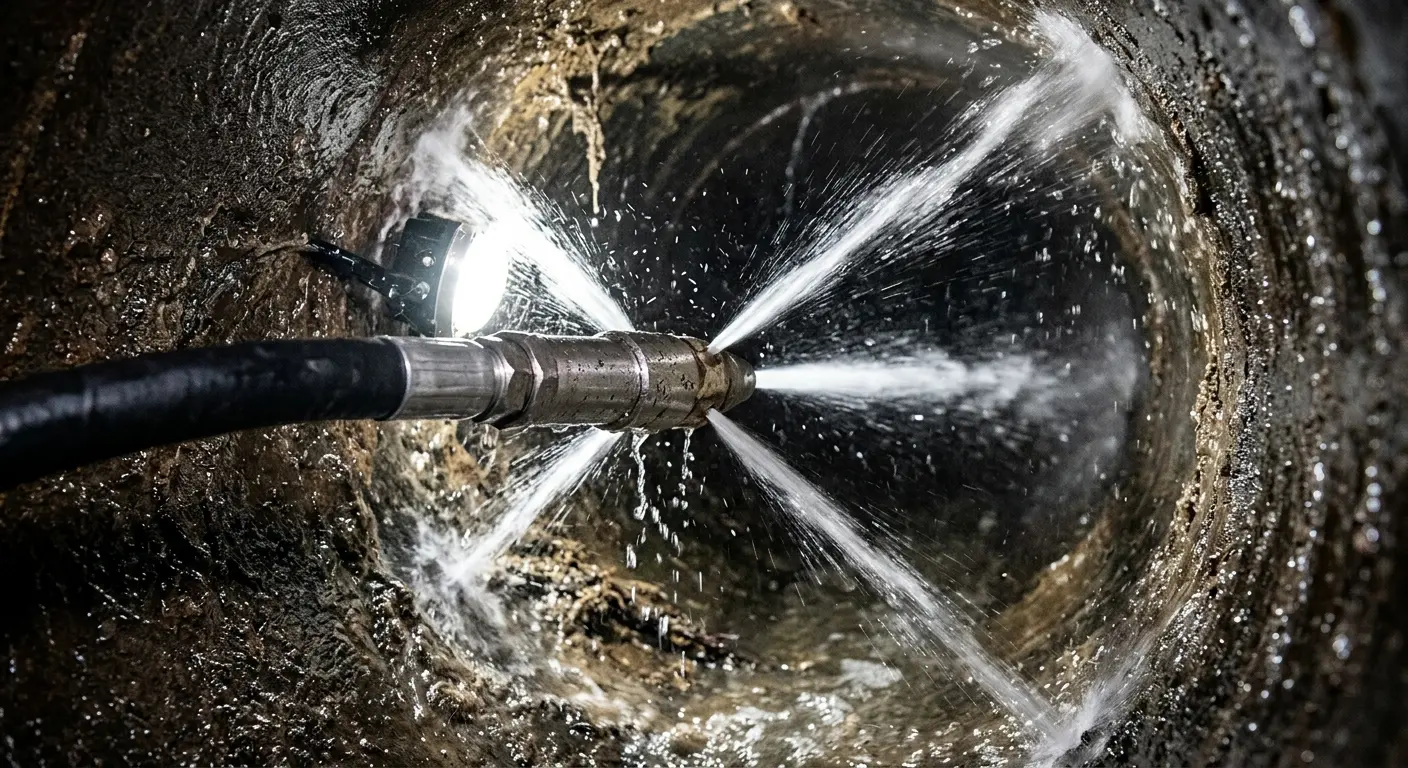 High-pressure hydro jetting nozzle cleaning sewer pipe for Emergency Drain Service in Lyon