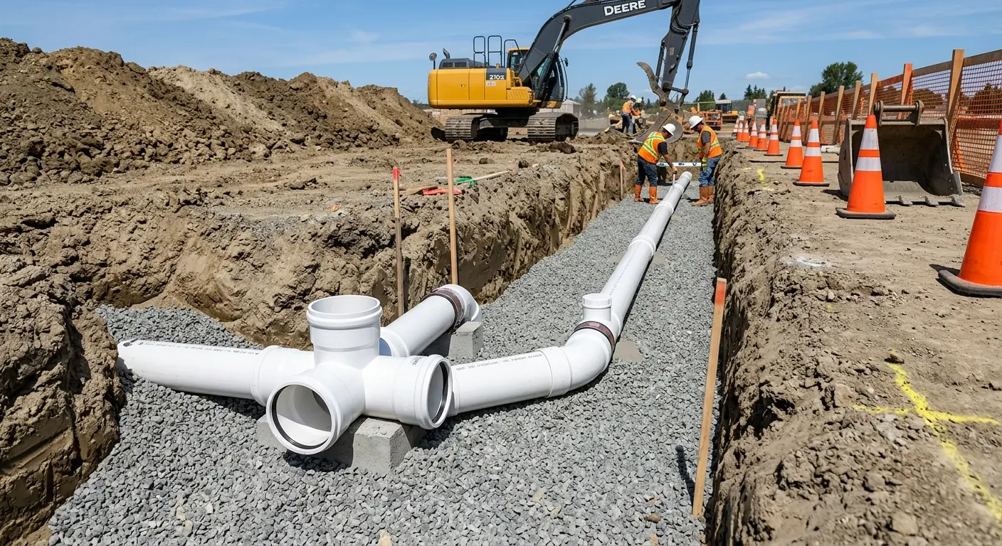 New PVC sewer pipe installation in open trench for Sewer Backup in Lyon