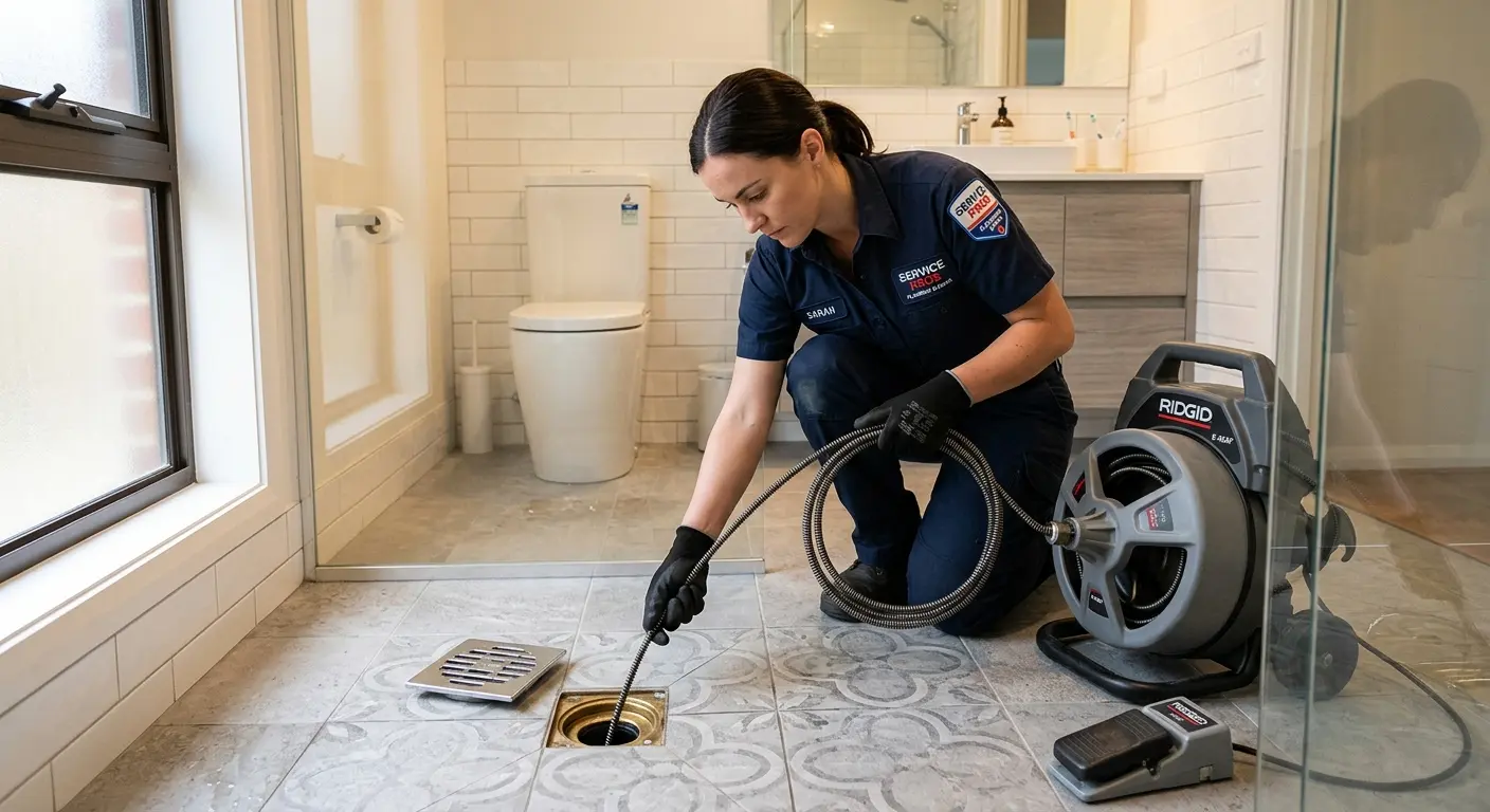 Technician clearing a bathroom floor drain for Hydro Jetting in Lyon
